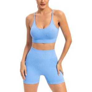 imageRUNNING GIRL Sports Bras for WomenSexy Crisscross Back Seamless Padded Sports Bra Medium Support with Removable PadsZblue Set