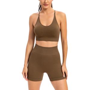 imageRUNNING GIRL Sports Bras for WomenSexy Crisscross Back Seamless Padded Sports Bra Medium Support with Removable PadsZbrown Set