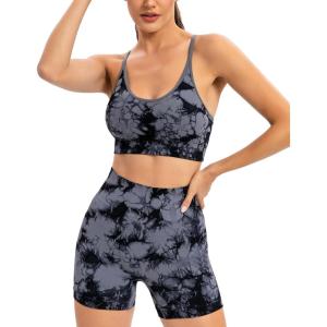 imageRUNNING GIRL Sports Bras for WomenSexy Crisscross Back Seamless Padded Sports Bra Medium Support with Removable PadsZtie Dye Grey Set