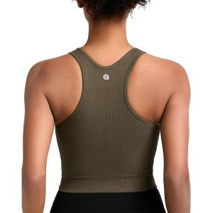 imageRUNNING GIRL Sports Bras for Women High Impact Seamless Ribbed Longline High Neck Workout Crop Tank TopsAarmy Green