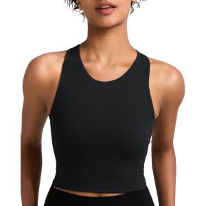 imageRUNNING GIRL Sports Bras for Women High Impact Seamless Ribbed Longline High Neck Workout Crop Tank TopsAblack