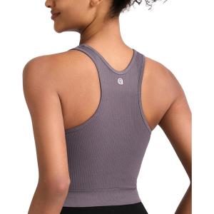 imageRUNNING GIRL Sports Bras for Women High Impact Seamless Ribbed Longline High Neck Workout Crop Tank TopsAdark Grey