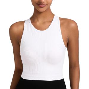 imageRUNNING GIRL Sports Bras for Women High Impact Seamless Ribbed Longline High Neck Workout Crop Tank TopsAwhite