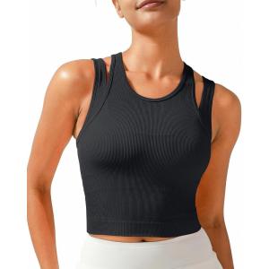 imageRUNNING GIRL Sports Bras for Women High Impact Seamless Ribbed Longline High Neck Workout Crop Tank TopsBblack
