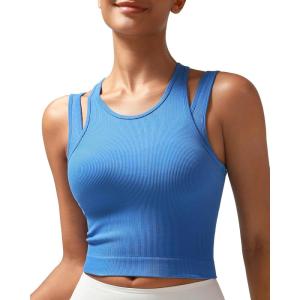 imageRUNNING GIRL Sports Bras for Women High Impact Seamless Ribbed Longline High Neck Workout Crop Tank TopsBbright Blue