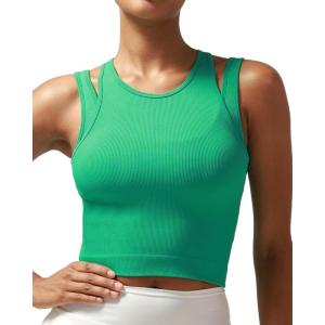 imageRUNNING GIRL Sports Bras for Women High Impact Seamless Ribbed Longline High Neck Workout Crop Tank TopsBbright Green