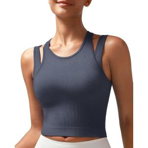 imageRUNNING GIRL Sports Bras for Women High Impact Seamless Ribbed Longline High Neck Workout Crop Tank TopsBdark Grey