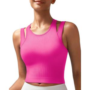 imageRUNNING GIRL Sports Bras for Women High Impact Seamless Ribbed Longline High Neck Workout Crop Tank TopsBhot Pink