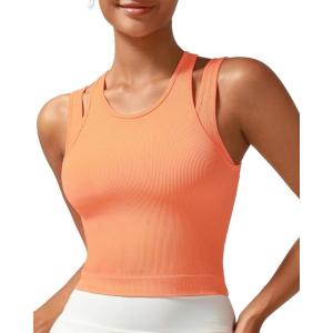 imageRUNNING GIRL Sports Bras for Women High Impact Seamless Ribbed Longline High Neck Workout Crop Tank TopsBlight Orange