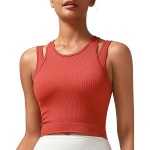 imageRUNNING GIRL Sports Bras for Women High Impact Seamless Ribbed Longline High Neck Workout Crop Tank TopsBred