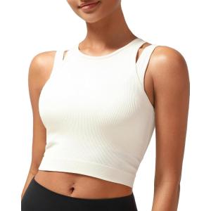 imageRUNNING GIRL Sports Bras for Women High Impact Seamless Ribbed Longline High Neck Workout Crop Tank TopsBwhite
