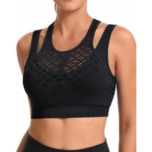 imageRUNNING GIRL Sports Bras for Women High SupportSeamless Ribbed Longline High Neck Sports Bra Racerback Padded Crop Top YogaAblack