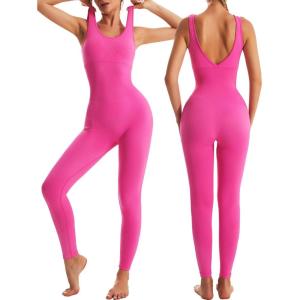 imageRUNNING GIRL Black Jumpsuits for Women Ribbed Backless Sexy One Piece Outfits Tummy Control Unitard Bodysuit Athletic RompersLhot Pink