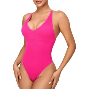 imageRUNNING GIRL Bodysuits for Women Ribbed Backless Shapewear Workout Ribbed Sexy Bodysuit Tummy ControlHot Pink