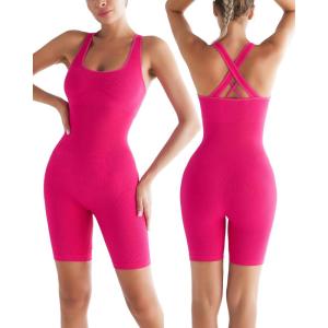 imageRUNNING GIRL One Piece Jumpsuit Yoga Bodycon Ribbed Jumpsuit with Tummy Control Bodysuits for Women Full Length2pink