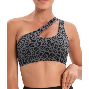 imageRUNNING GIRL One Shoulder Workout Sports Bra Padded Yoga Gym Top Sexy Cute Bralette Medium SupportLeopard Print