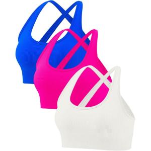 imageRUNNING GIRL Sports Bras for WomenSexy Crisscross Back Seamless Padded Sports Bra High Support with Removable Pads1pinkwhiteblue