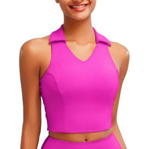 imageRUNNING GIRL Workout Tops for Women High Neck Longline Sports Bra High Impact Racerback Tank Tops with Built in BrasHot Pink