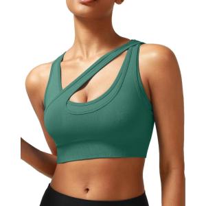 imageRUNNING GIRL Sports Bras for Women High SupportSeamless Ribbed Longline High Neck Sports Bra Racerback Padded Crop Top YogaBdark Green