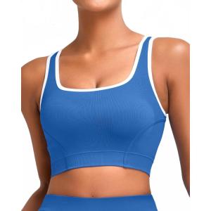 imageRUNNING GIRL Sports Bras for Women High SupportSeamless Ribbed Longline High Neck Sports Bra Racerback Padded Crop Top YogaCblue