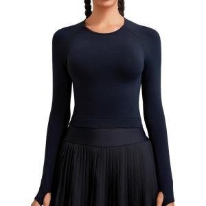 imageRUNNING GIRL Long Sleeve Workout Tops for Women Soft Crew Neck Basic Tight Cropped Top Casual Seamless ShirtAblack