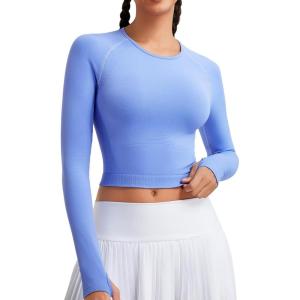 imageRUNNING GIRL Long Sleeve Workout Tops for Women Soft Crew Neck Basic Tight Cropped Top Casual Seamless ShirtAlight Blue