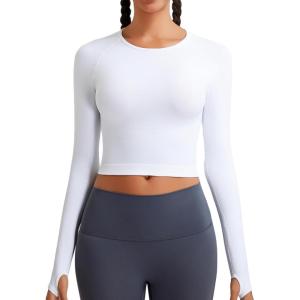 imageRUNNING GIRL Long Sleeve Workout Tops for Women Soft Crew Neck Basic Tight Cropped Top Casual Seamless ShirtAwhite
