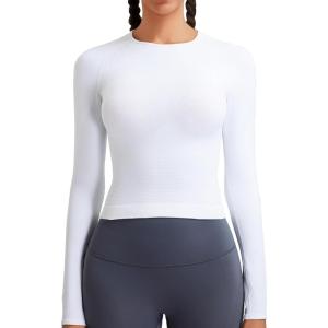 imageRUNNING GIRL Long Sleeve Yoga Shirts for Women Soft Fitted Seamless Stretchy Casual Crew Neck Athletic Basic ShirtAwhite