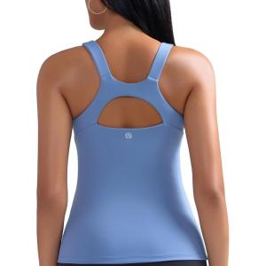 imageRUNNING GIRL Workout Tank Tops for Women Built in Shelf Bras PaddedSleeveless Gym Tops Athletic Yoga ShirtsLight Blue