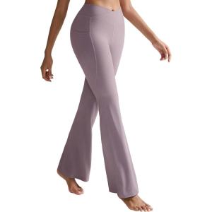 imageRUNNING GIRL Womens Ribbed V Crossover High Waist Yoga Pants Flare Leggings for Women with Side PocketsForest Rose