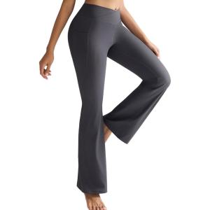 imageRUNNING GIRL Womens Ribbed V Crossover High Waist Yoga Pants Flare Leggings for Women with Side PocketsGrey