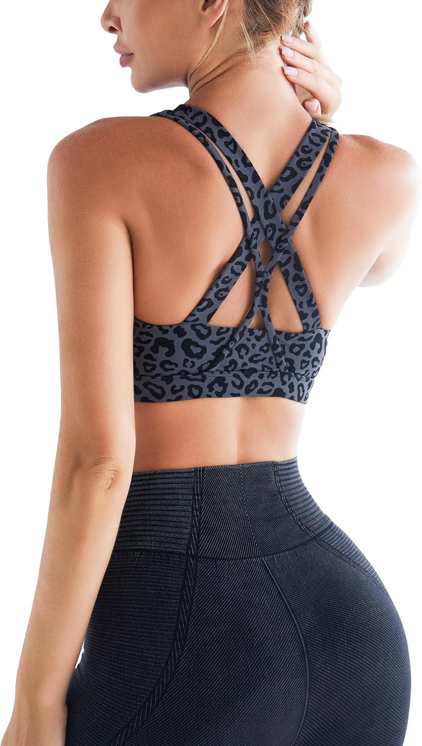 imageRUNNING GIRL Sports Bras for Women CrissCross Back Padded Strappy Sports Bras Medium Support Yoga Bra with Removable Cups1leopard Print