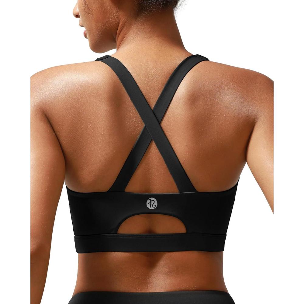 imageRUNNING GIRL Sports Bra for Women High SupportMolded Cup Strappy Running Sports Bras with Sewn in PadsBlack