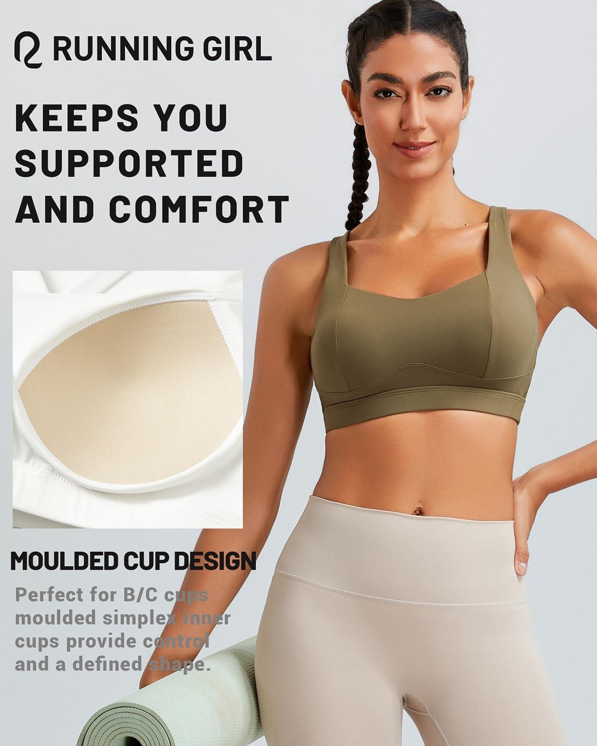 imageRUNNING GIRL Sports Bra for Women High Support Molded Cup High Impact Sports Bras with Sewn in Pads Strappy Running Bra3004 Olive Green