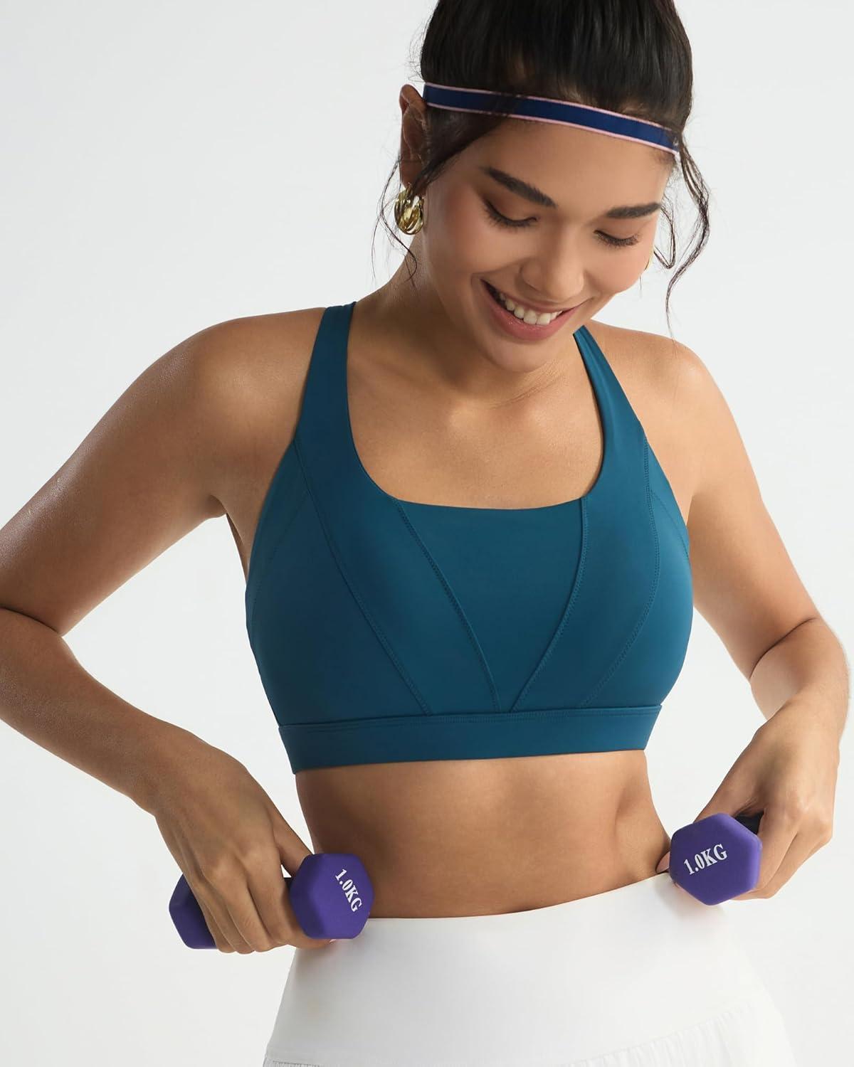 imageRUNNING GIRL Sports Bra for Women High Support Molded Cup High Impact Sports Bras with Sewn in Pads Strappy Running BraDark Blue