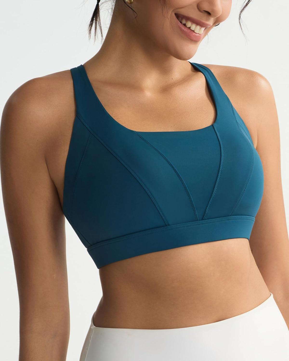 imageRUNNING GIRL Sports Bra for Women High Support Molded Cup High Impact Sports Bras with Sewn in Pads Strappy Running BraDark Blue