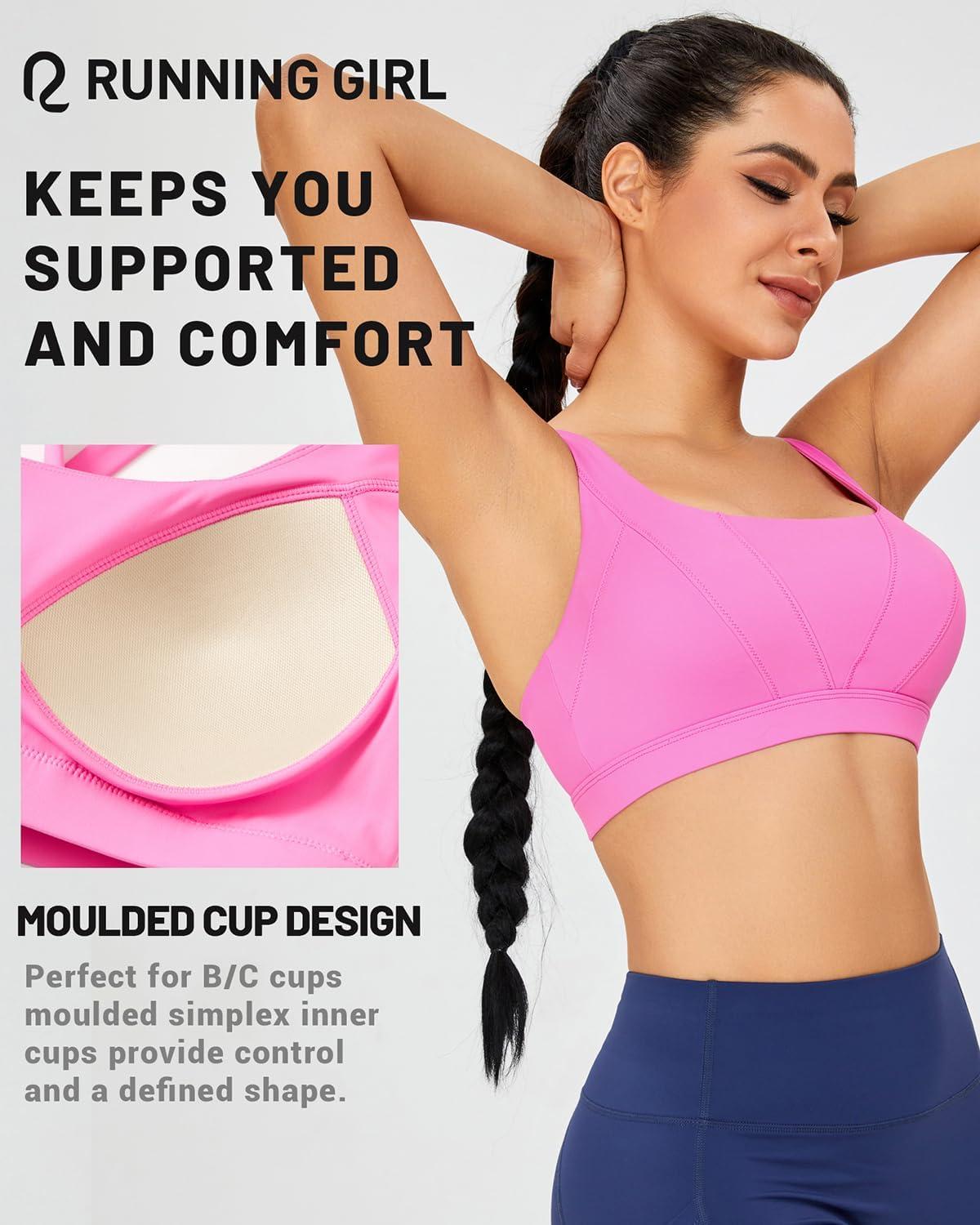 imageRUNNING GIRL Sports Bra for Women High Support Molded Cup High Impact Sports Bras with Sewn in Pads Strappy Running BraHot Pink