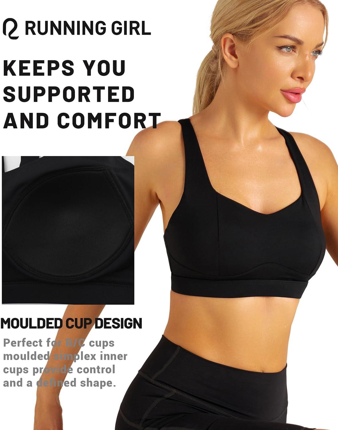 imageRUNNING GIRL Sports Bra for Women High Support Molded Cup High Impact Sports Bras with Sewn in Pads Strappy Running BraJet Black