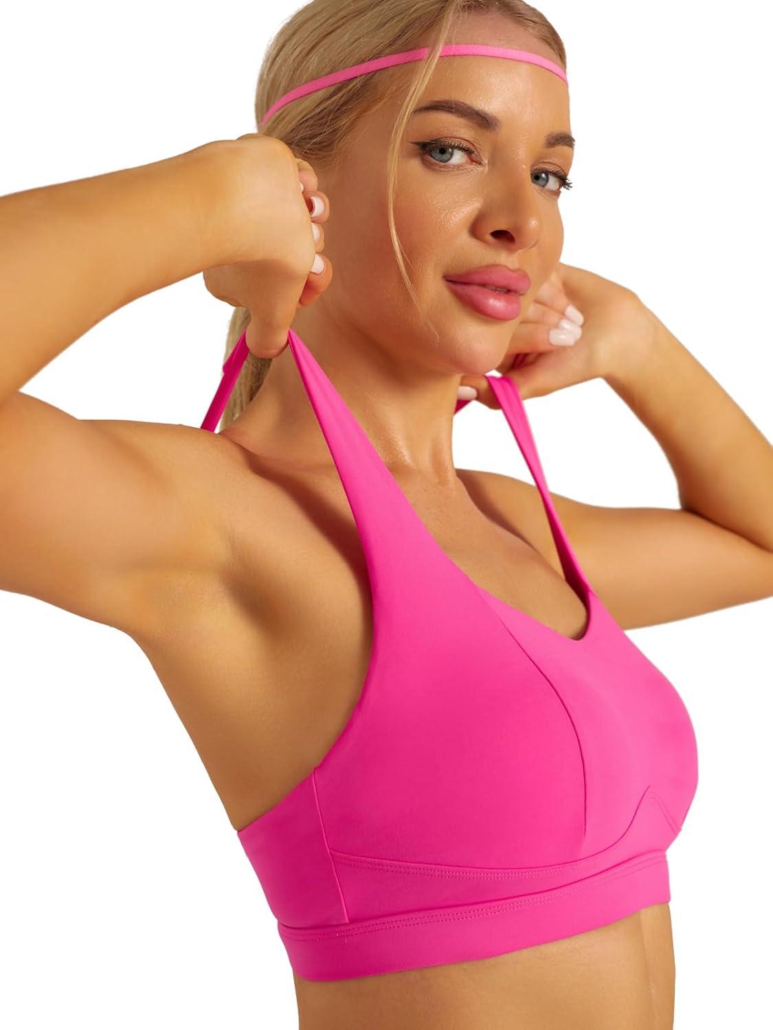 imageRUNNING GIRL Sports Bra for Women High Support Molded Cup High Impact Sports Bras with Sewn in Pads Strappy Running BraVivid Pink