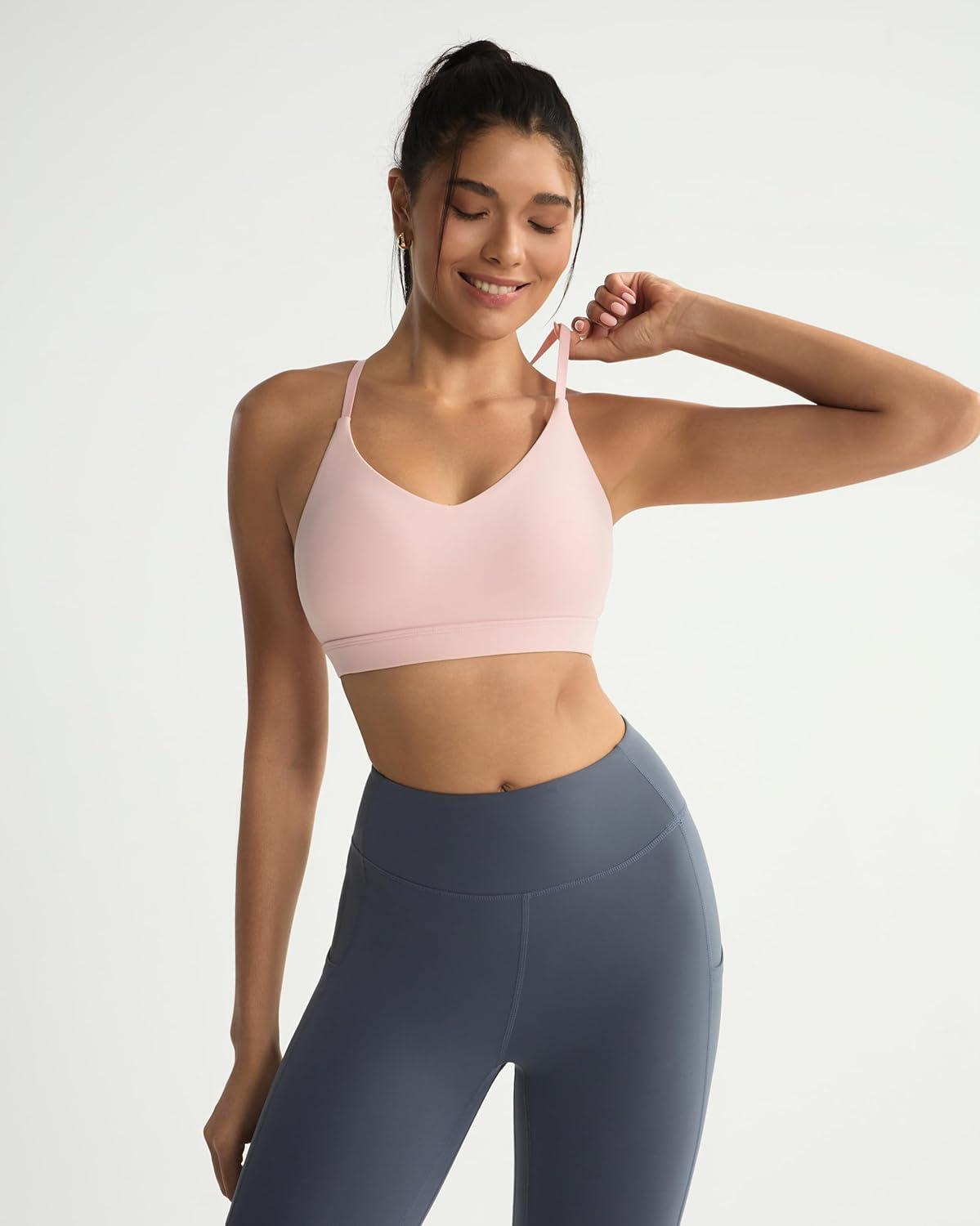 imageRUNNING GIRL VNeck Sports Bras for Women  Adjustable Thin Straps Wireless Padded Yoga Top Low ImpactPink