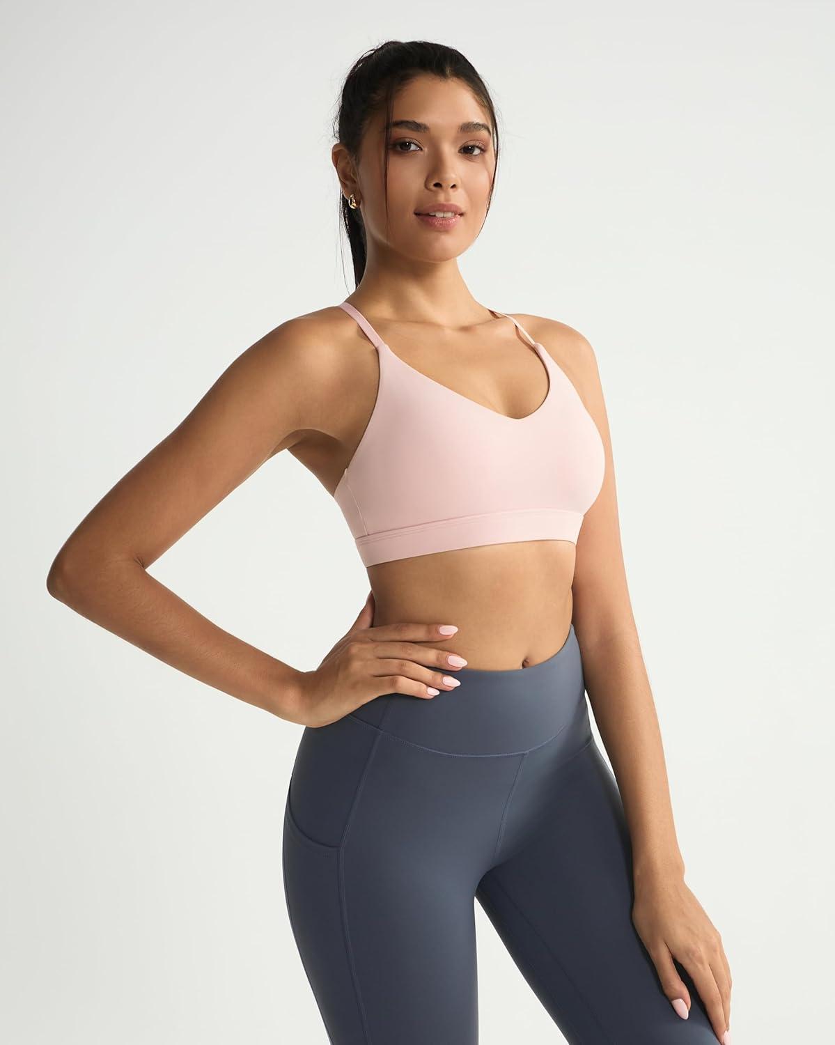 imageRUNNING GIRL VNeck Sports Bras for Women  Adjustable Thin Straps Wireless Padded Yoga Top Low ImpactPink