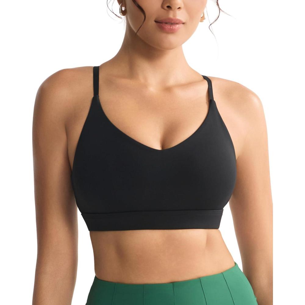 imageRUNNING GIRL VNeck Sports Bras for Women  Adjustable Thin Straps Wireless Padded Yoga Top Low ImpactBlack