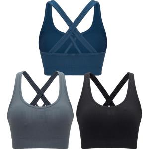 imageRUNNING GIRL Sports Bras for WomenSeamless Strappy Sports Bra High Support Crisscross Back with Removable PadsAblackgreydark Blue